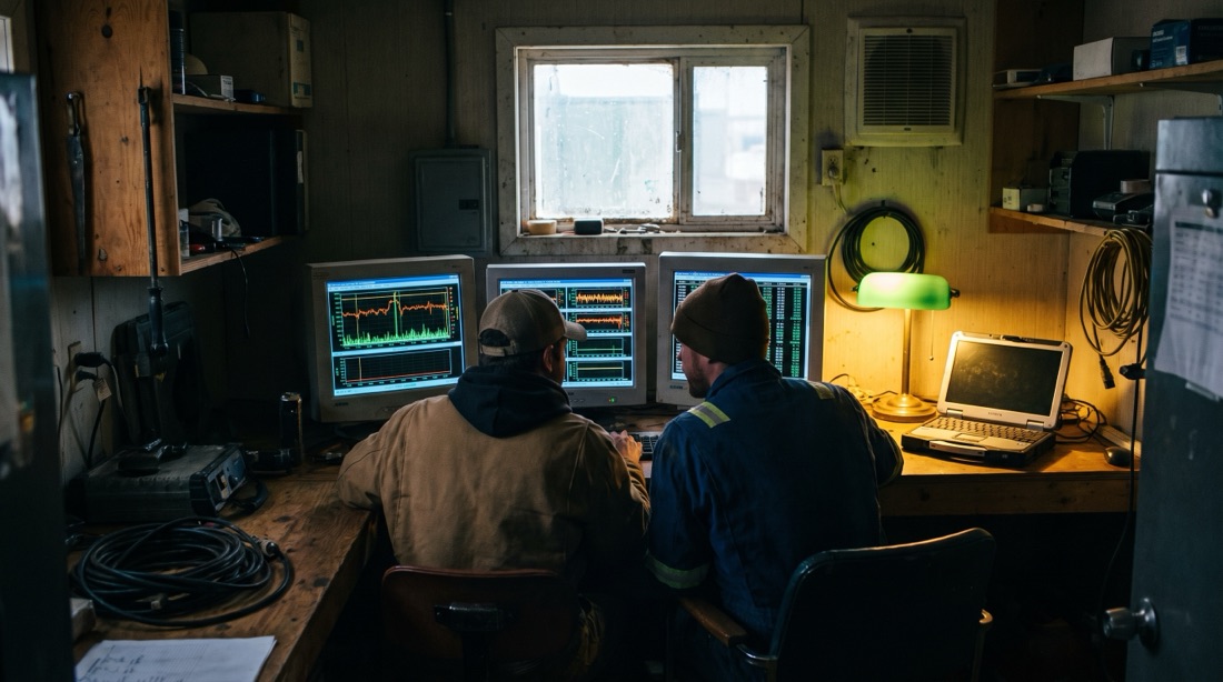 Técnicos monitoreando trayectoria de pozo en cabina de datos