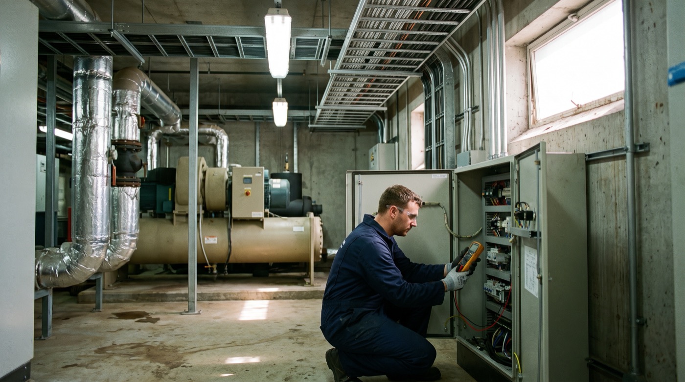 Técnico probando un tablero eléctrico abierto con multímetro en sala de máquinas